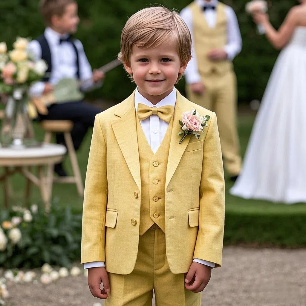 Traje de lino para niños, conjunto de 3 piezas para portador de anillos de boda, chaleco, chaqueta, pantalones