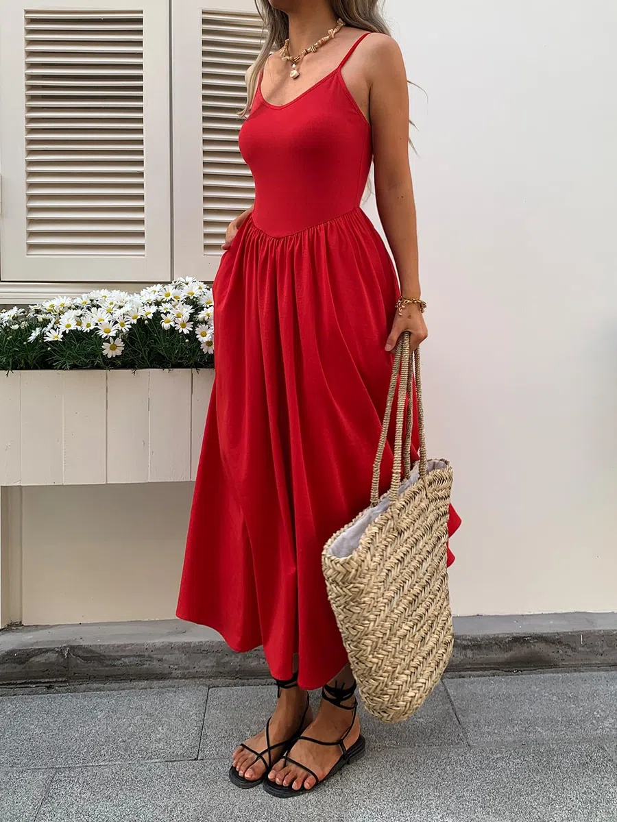 Mieazom Vestido largo sin mangas con cuello en V y bolsillos para mujer, corte entallado, casual, de verano, con tirantes delgados, para vacaciones
