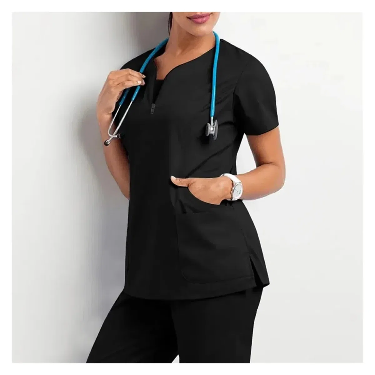 Uniforme Sanitario Hombre Accesorios Hospital Salón de Belleza Médico Enfermería Ropa Casual Manga Corta Enfermera Farmacia Trabajo Tops y Trajes(Black Suit,M-50-60KG)