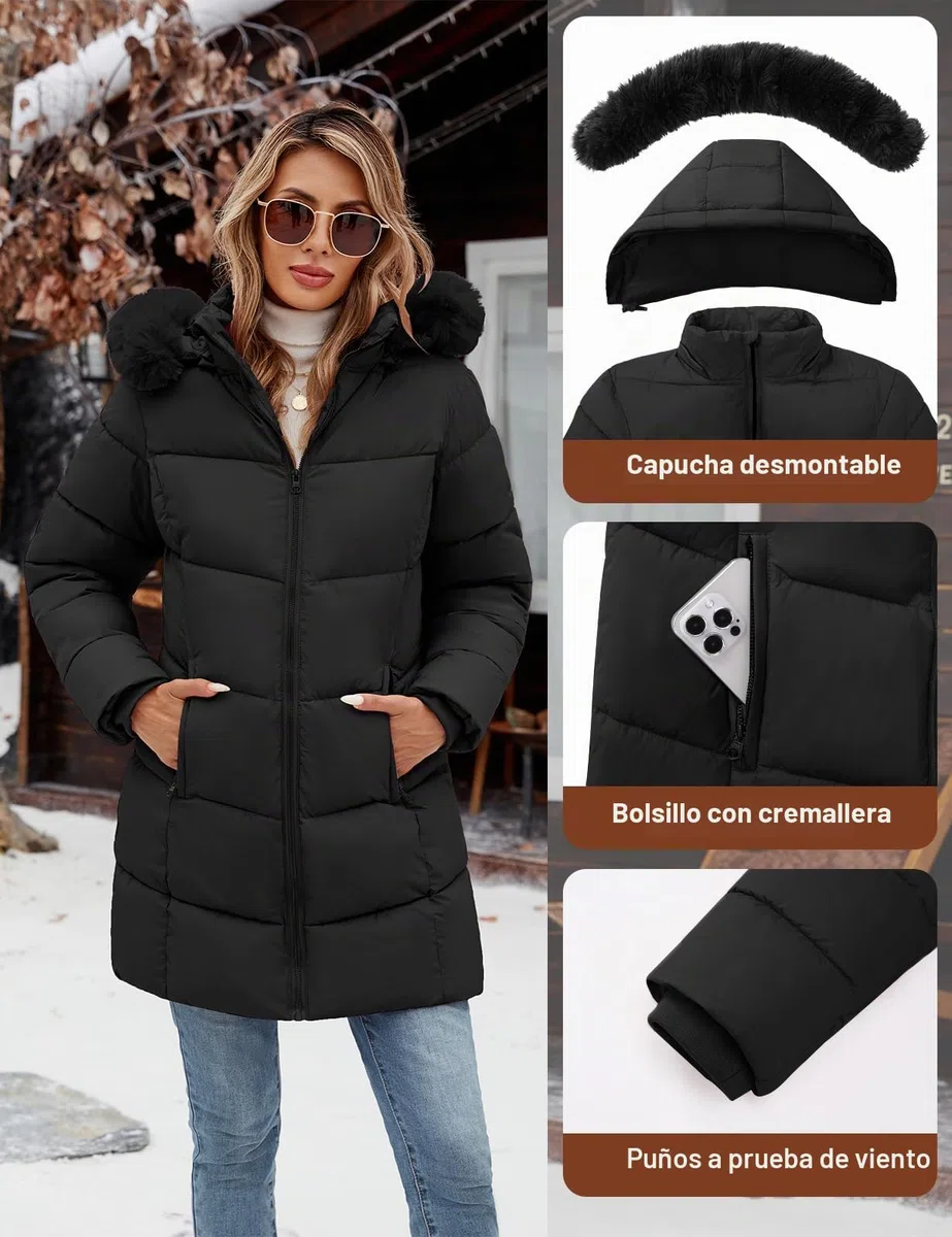 Vancavoo Parka Mujer Invierno Cálida Acolchada Larga Abrigo con Capucha