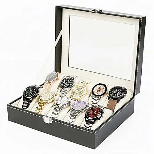 10 rejillas caja de reloj de cuero PU relojes vitrina joyería titular organizador de almacenamiento con cerradura