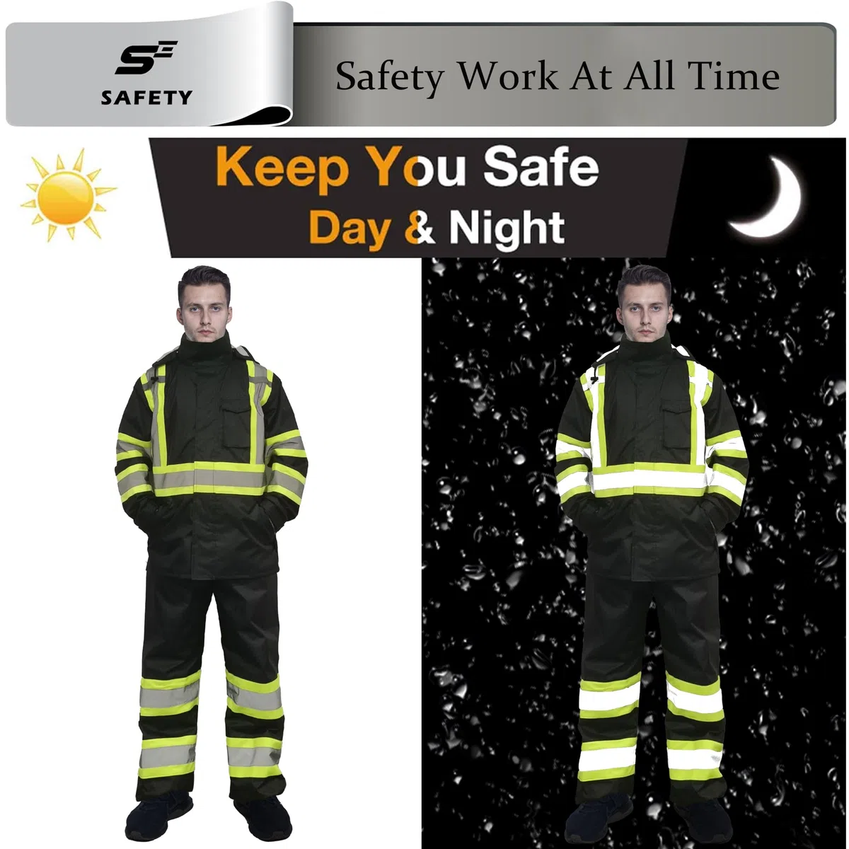 sesafety Trajes de lluvia impermeables para hombre, equipo de lluvia de alta visibilidad clase 3, chaqueta impermeable de alta visibilidad con parte inferior negra