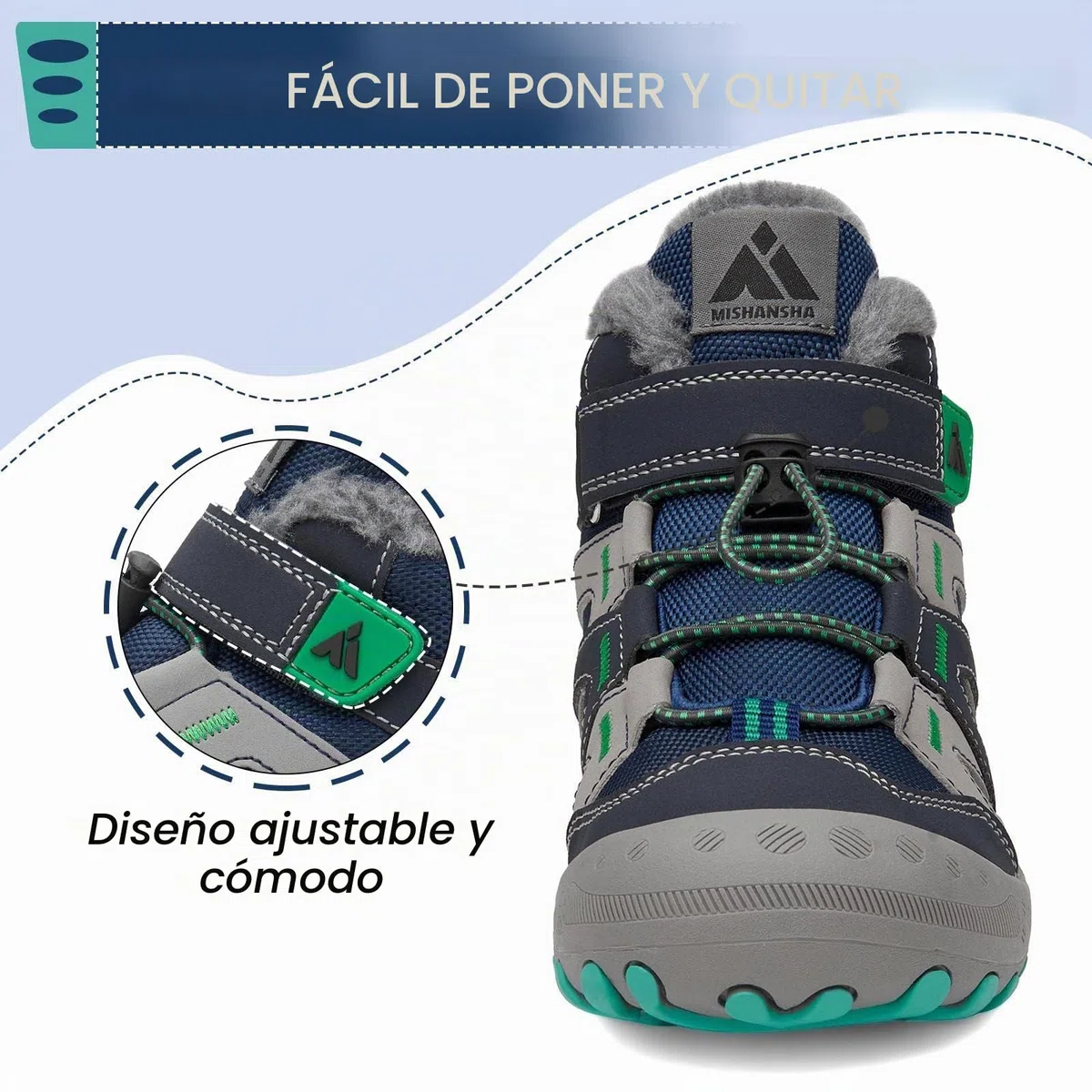 Mishansha Botas de Nieve Niño Botas Antideslizantes, Azuloscuro 36 | Forro cálido, cierre de autollenado, puntera reforzada, suela con dibujo, colegio, paseos, nieve