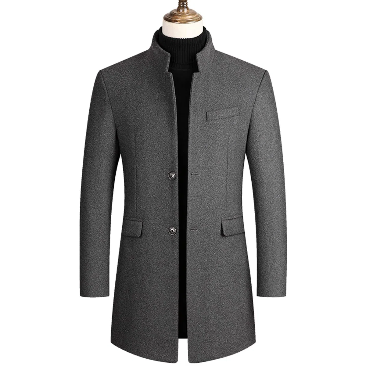 Abrigo de lana y gabardina para hombre | Diseño de longitud media de un solo pecho con cuello alto y tela de lana gruesa | Chaqueta cálida de invierno para un estilo casual elegante, ropa ajustada