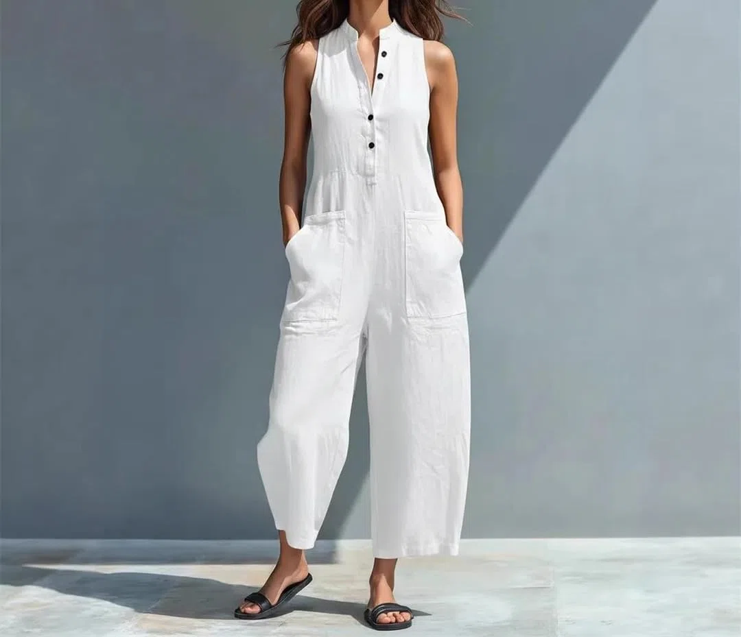 Yeuyyben Mono de una pieza sin mangas con cuello alto y pierna ancha para mujer, cintura alta, bolsillo, oficina, casual, elegante