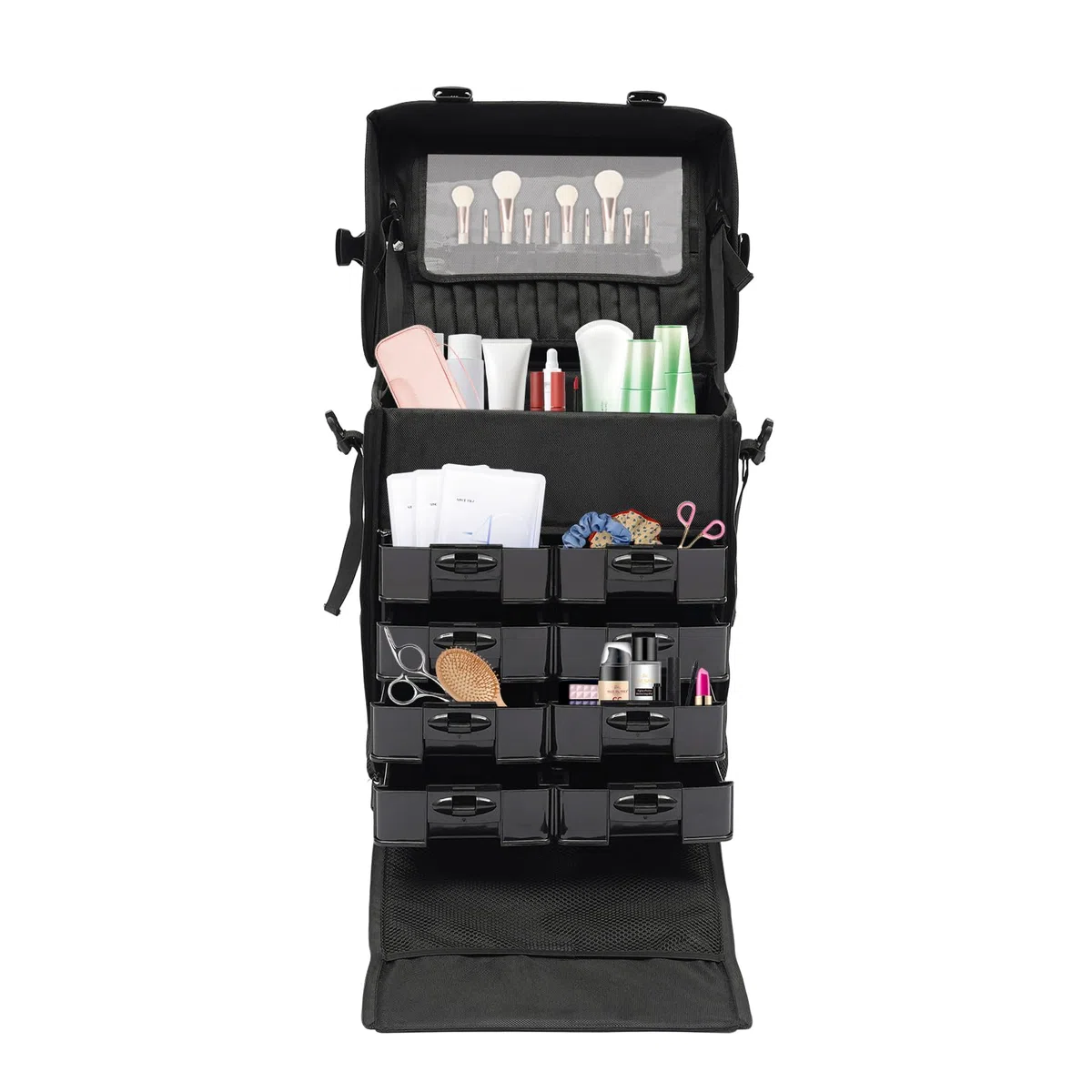 Maletín de maquillaje con 8 cajones y ruedas giratorias 360°, para viajes, esteticistas, peluquerías, Negro , Moda