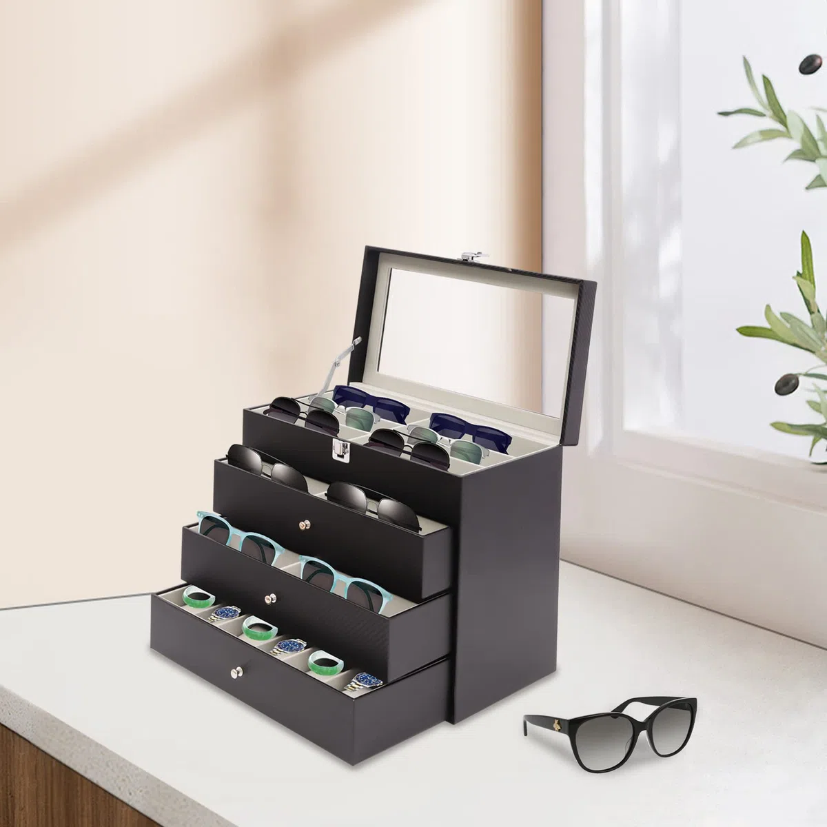 Caja para gafas, caja de joyas, caja de relojes, organizador, vitrina, terciopelo, 4 niveles, tapa de cristal de 33,5 cm, tapa de cristal para gafas de sol, reloj, anillo, pulsera, cómoda