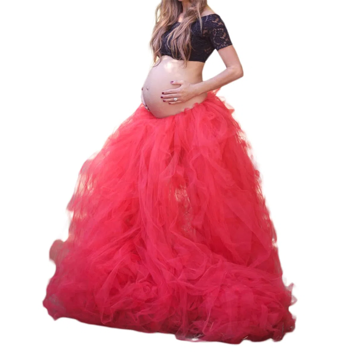 Falda larga tutú de cintura alta con capas de tul maxi faldas hinchadas hasta el suelo, boda, fiesta, con cinturón Bowknot, rosso, Talla única