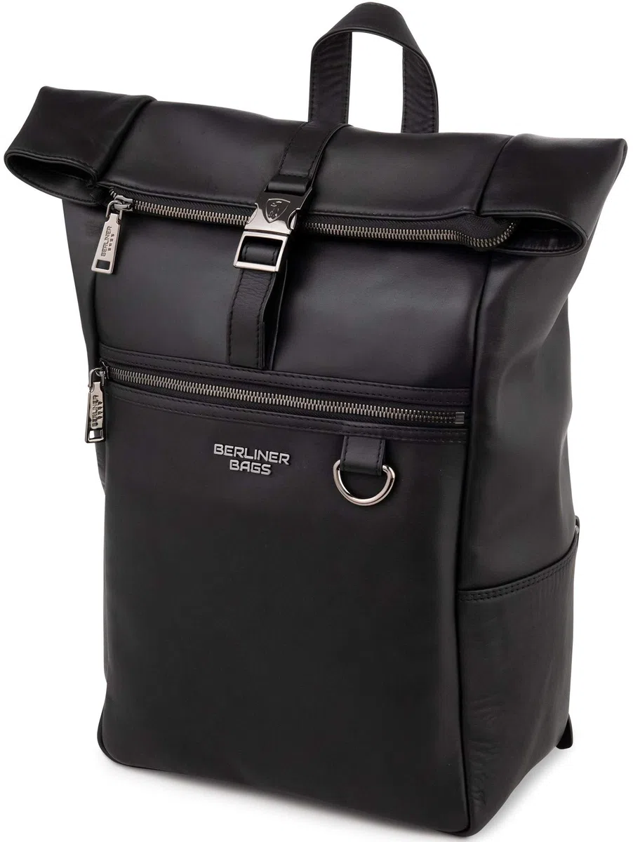 Berliner Bags Harlem Mochila de Piel Auténtica Impermeable con Diseño Rolltop y Funda para Portátil de 15”, Mochila Ejecutiva para Hombre y Mujer – Negro