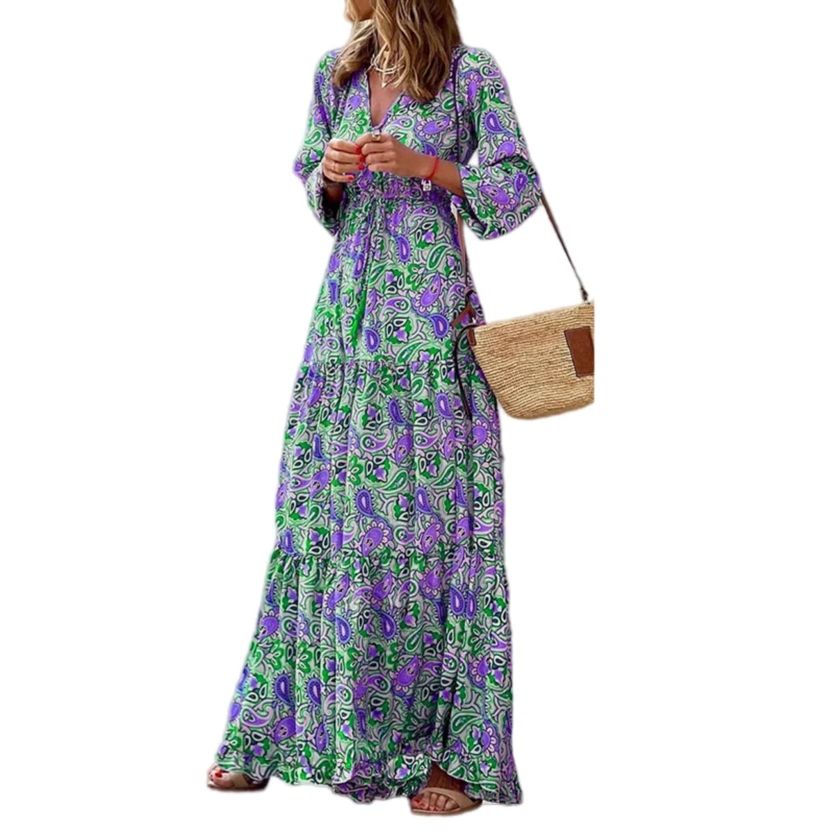 Vestido Bohemio V, Estampado Mangas largas Midi A-Line