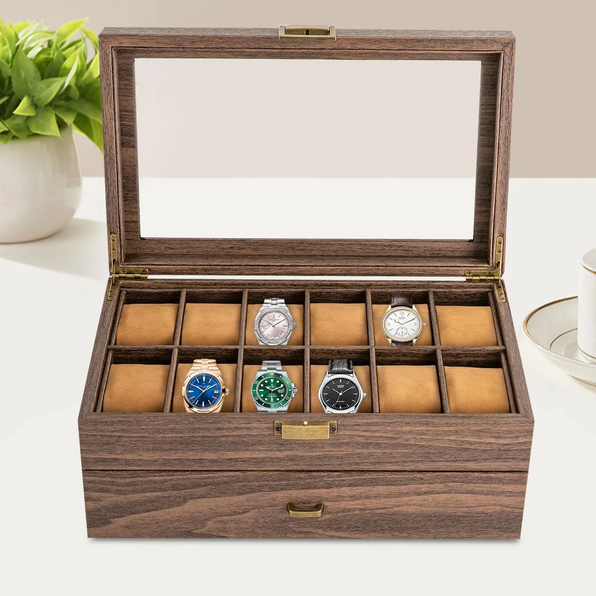 Caja de almacenamiento de relojes para hombre, dos compartimentos, 24 compartimentos, rectangular, 34 x 21 x 15 cm, 3,1 kg, para relojes, joyas y otros objetos de valor.