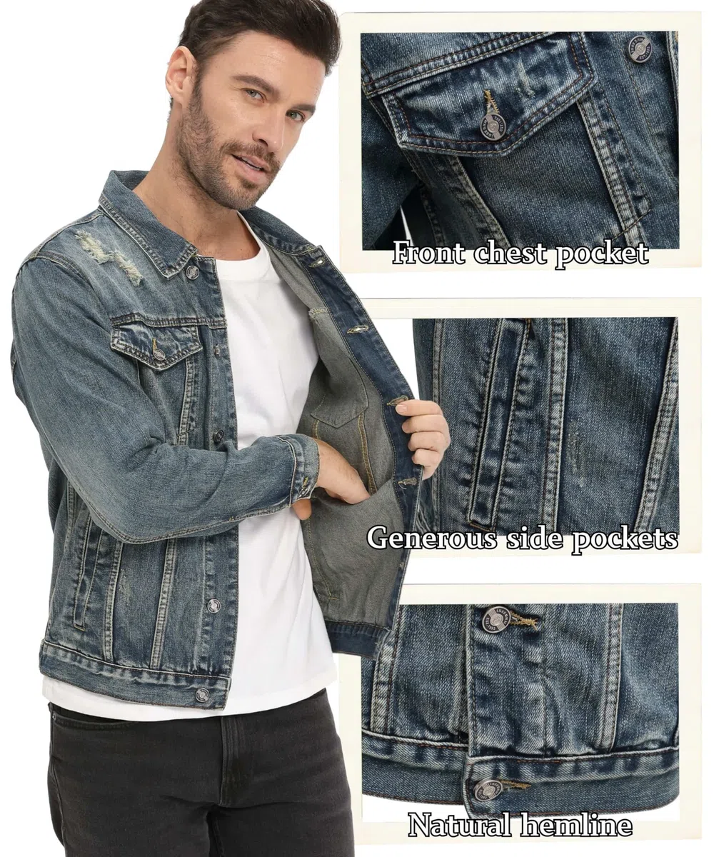 Hombre Denim Jacket para Chaquetas Vintage Vaquera Abrigo Lavado Jean Chaqueta de Moto Trucker Entretiempo Jacket con Botones