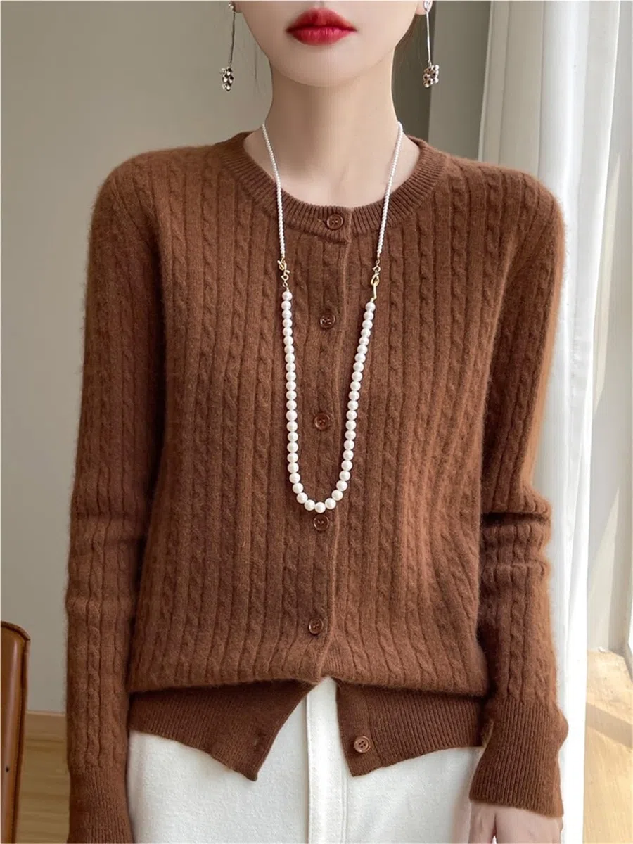 1 Pieza Otoño Invierno Mujer Suéter Cuello Redondo Rebeca de Punto Trenzado Ropa Casual Manga Larga Tops para Uso Diario Y Actividades
