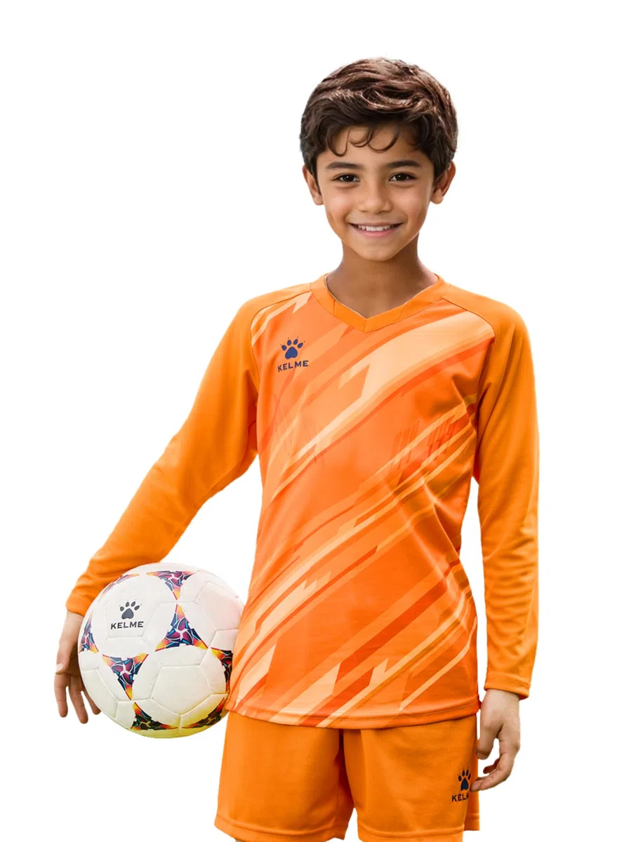 KELME Camiseta de portero acolchada y corta para niños, camiseta de portero, uniforme de entrenamiento de césped de manga larga, juego de fútbol sal, juego de ropa naranja para niños 10