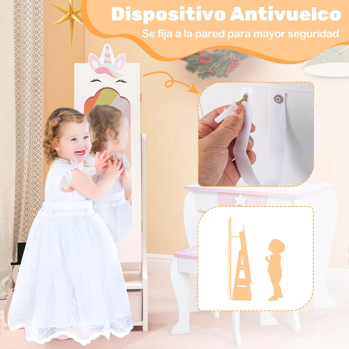 COSTWAY Armario de Joyería para Niñas, Espejo Joyero de Cuerpo Completo Independiente con Almacenamiento, Armario para Joyas Infantil con Ganchos, Estantes y Cajones (Blanco)