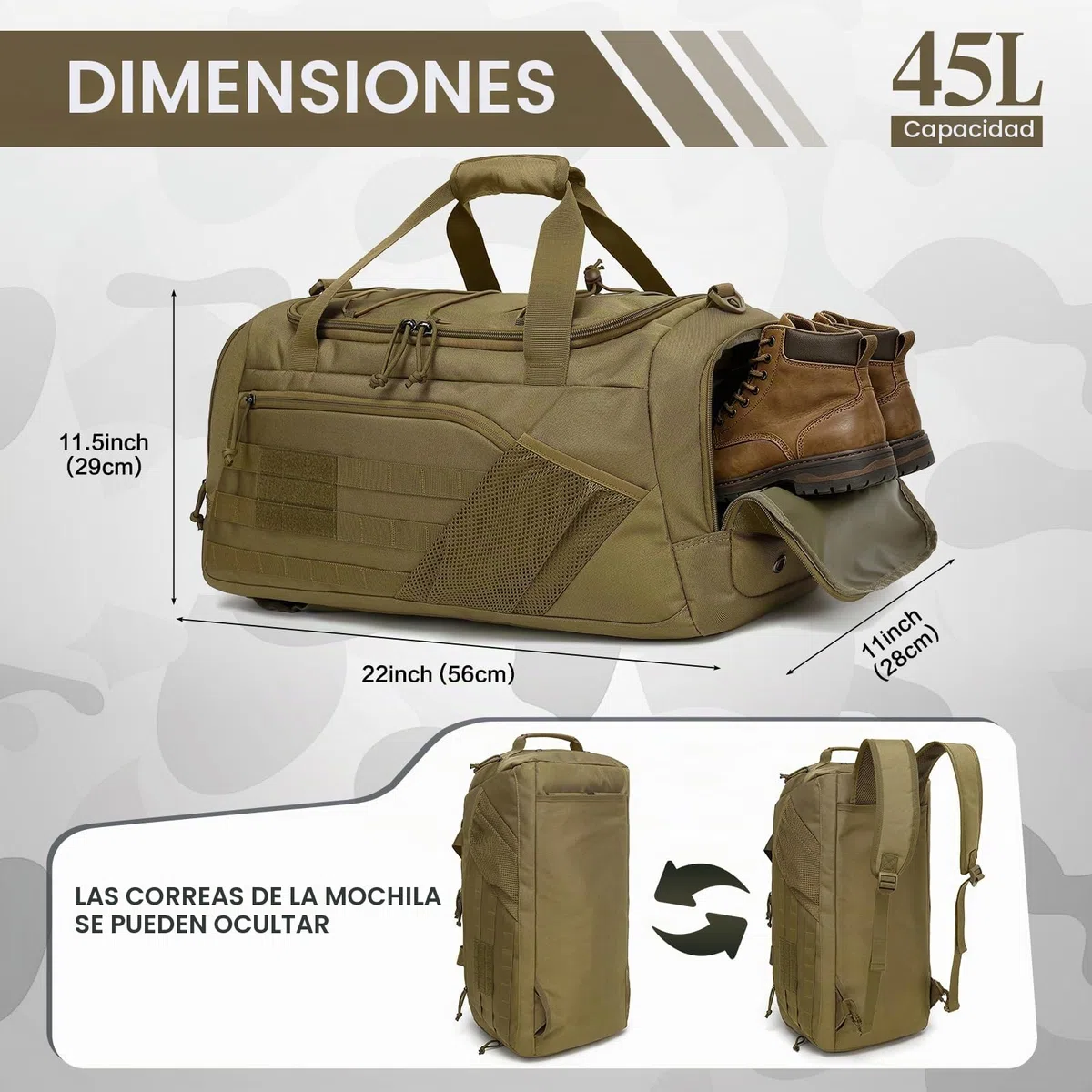 45L Bolsa Viaje Hombre 3 en 1 Bolsa Deporte Táctica para Gimnasio con Compartimento Zapatos, Bolsillo húmedo y Función de Mochila para Camping, Viajes, Fin de Semana, Marrón