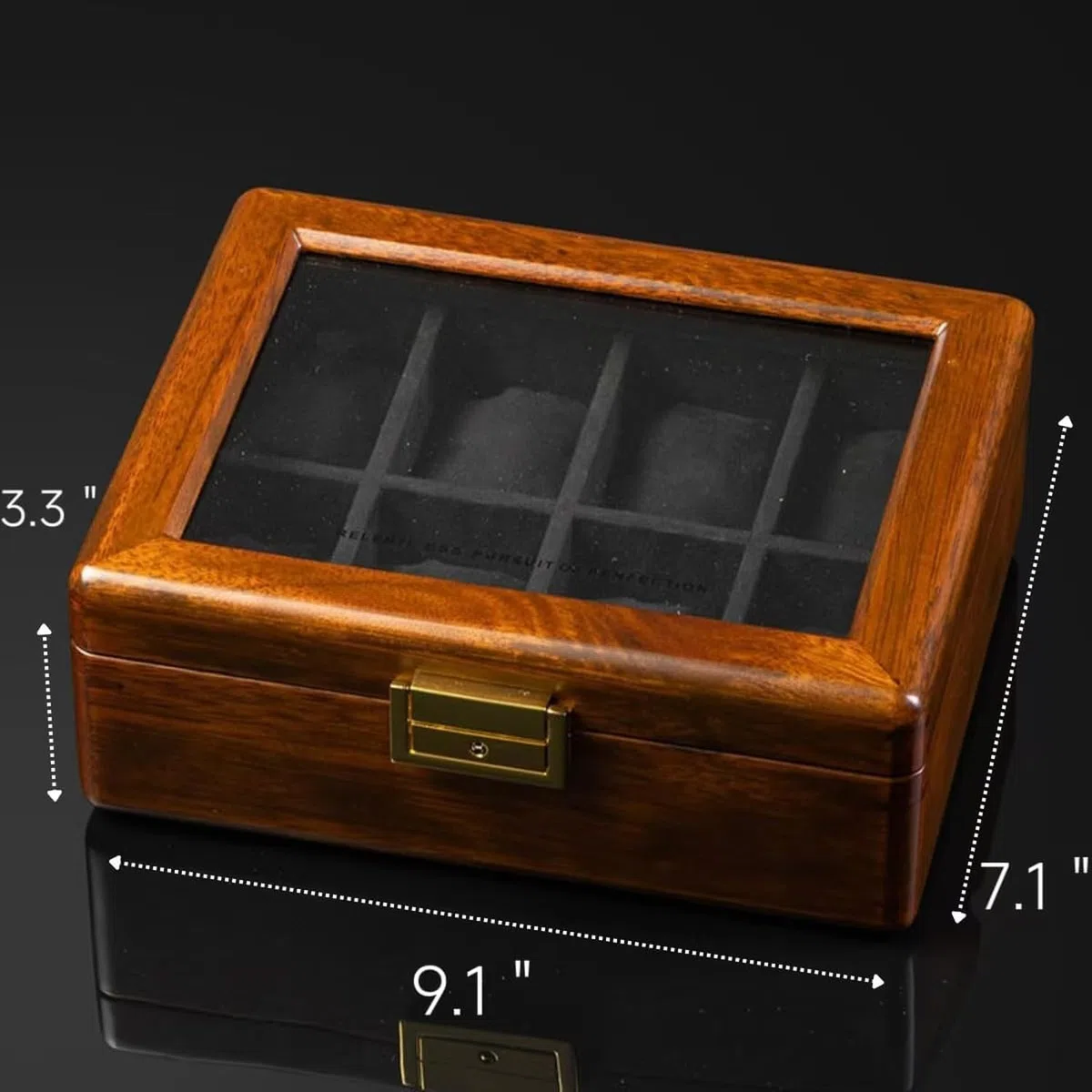 Cajón Relojero de Madera Maciza con 8 Ranuras Tapa de Cristal Nogal Expositor Organizador para Hombre Mujer, 8 Slots-Forro de Terciopelo Negro, Madera Maciza de Teca Dorada