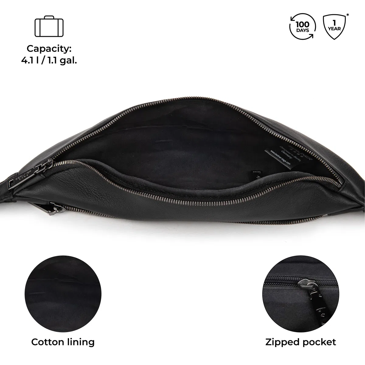 Berliner Bags Mona XL Riñonera y Bolso Bandolera de Piel Auténtica Unisex, con Cremallera YKK, Correa Ajustable y Diseño Compacto para Viajes y Uso Diario – Negro