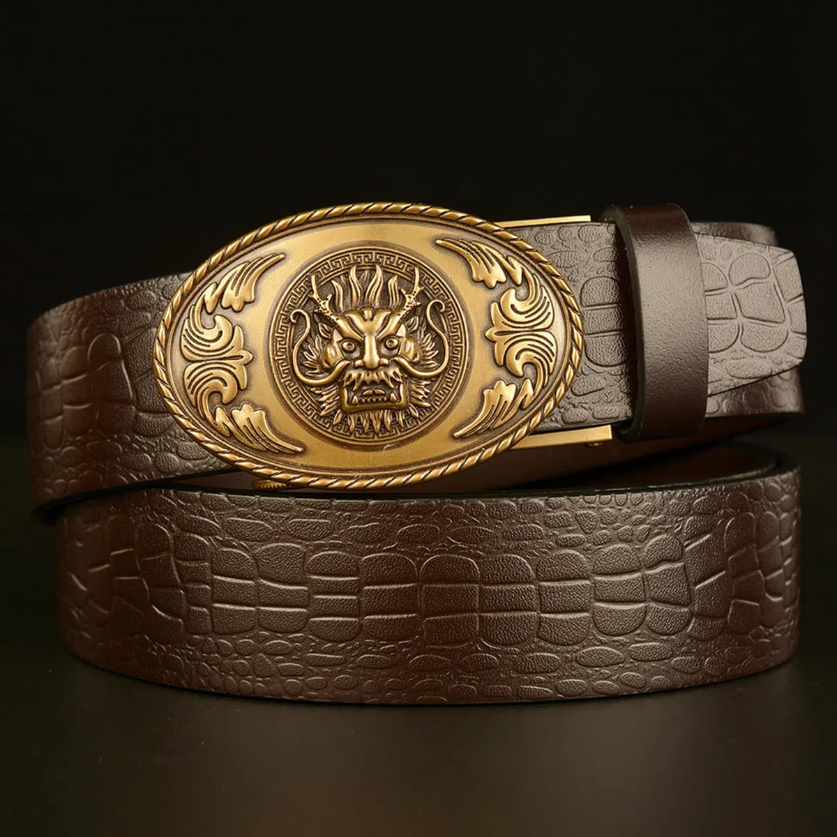 Cinturón Con Trinquete En Relieve, Hebilla Automática Ovalada Deslizante Cabeza De Dragón Dorada, Correa Vaquera Grabado Cocodrilo For Jeans