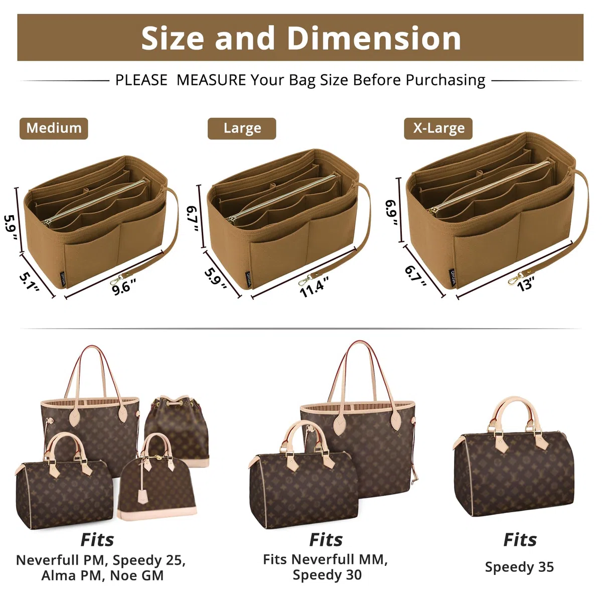 OPPOSHE Organizador de bolso para bolsos, organizador de fieltro suavizado para bolso, organizador de bolso compatible con LV, Coach, MK, Kate Spade, Goyard, Longchamp, marrón, L