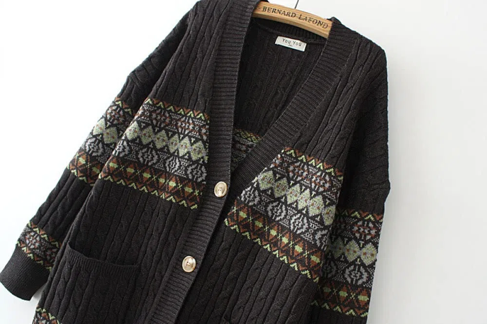 EIBA Chaqueta Mujer,Cárdigans De Punto para Mujer Vintage Étnico De Talla Grande Albaricoque Botón De Jacquard con Cable Suéteres Delanteros Abiertos Cárdigan con Bolsillo Otoño Invierno Abrigo De