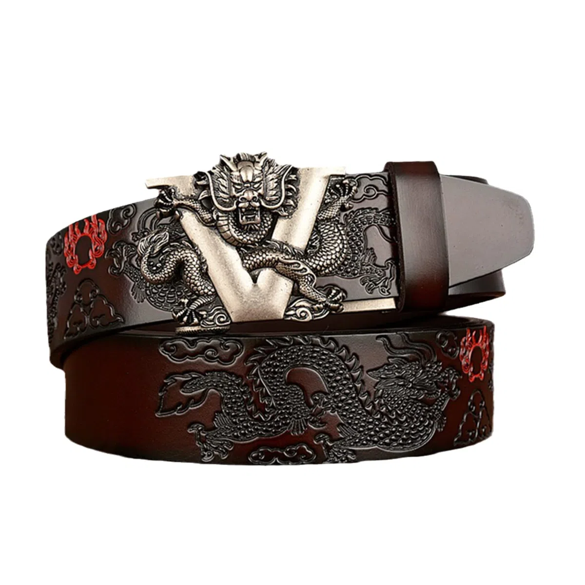 Cinturón, Trinquete de cuero genuino for hombre con hebilla automática deslizante 3D plateada, 1.38 "de ancho - ajustable(Coffee,115cm/waist:38"~40")
