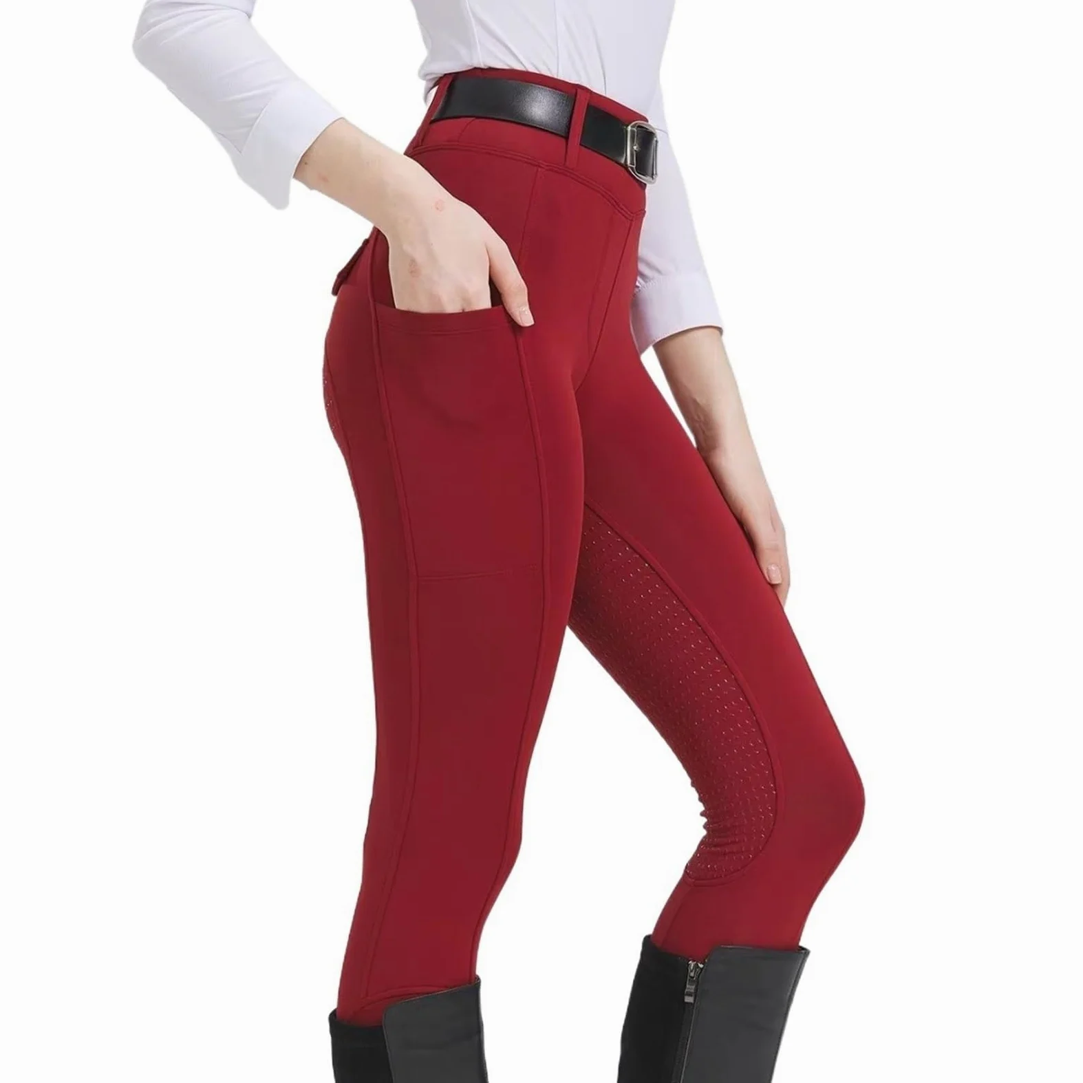 Mallas De Equitación For Mujer, Con Parche En La Rodilla, Pantalones, Entrenamiento Bolsillos Para Montar(XL (60-65kg))