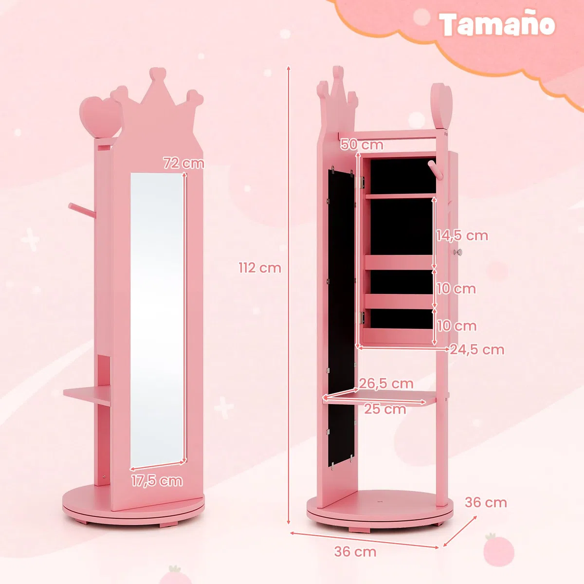 COSTWAY Armario de Joyería para Niñas, Espejo Joyero de Cuerpo Entero de Pie con Base Giratoria y Gran Capacidad de Almacenamiento, Armario para Joyas con Espejo y Perchero (Rosa)