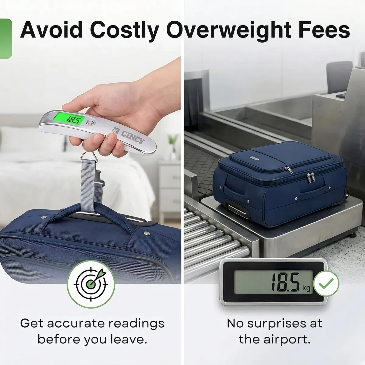 Báscula digital de equipaje de 110 lb/50 kg – Báscula de peso de equipaje de viaje de alta precisión con pantalla LCD retroiluminada, bloqueo automático, 4 unidades y correa duradera – Báscula