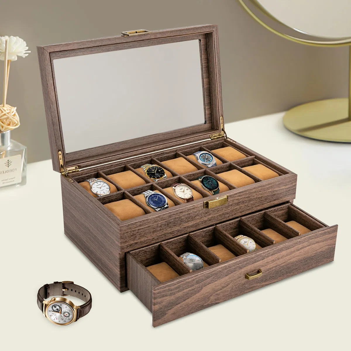 Caja de relojes con 24 compartimentos, estuche para relojes para hombres y mujeres, organizador de relojes, ideal para uso personal, presentación en tienda y decoración de interiores