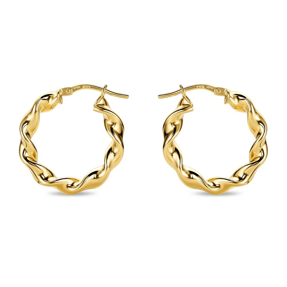 Miore Pendientes Mujer de Plata de Ley 925 Bañados en Oro de 18K 750, Aros de Oro Redondos con Tubos Torcidos de 15 mm, Hechos a Mano en Italia, Joyas Dorados con Joyero