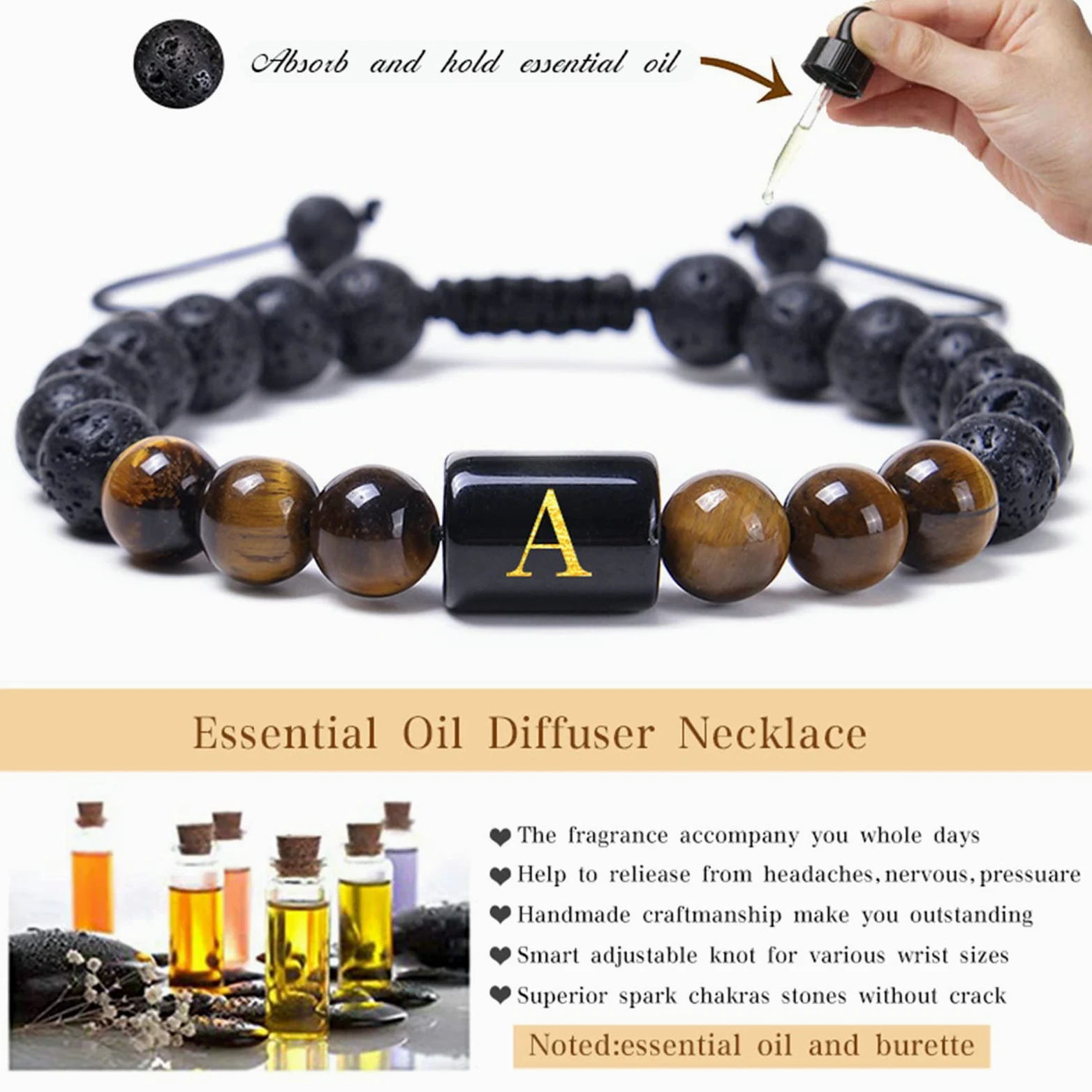 Pulsera difusora de aceites Esenciales Roca de Lava, Piedra de Lava Pulsera de Piedra de Ojo de Tigre con Letra AZ Pulseras Ajustables para Mujer 29,2 CM