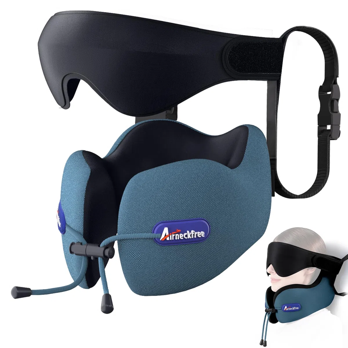 Almohada de Viaje para Cuello para Avión y Coche Neck Pillow | Con Correa de Asiento y Antifaz 3D, Soporte para Cabeza y Cuello, Espuma Viscoelástica Cómoda para Vuelos Largos, Azul Lago