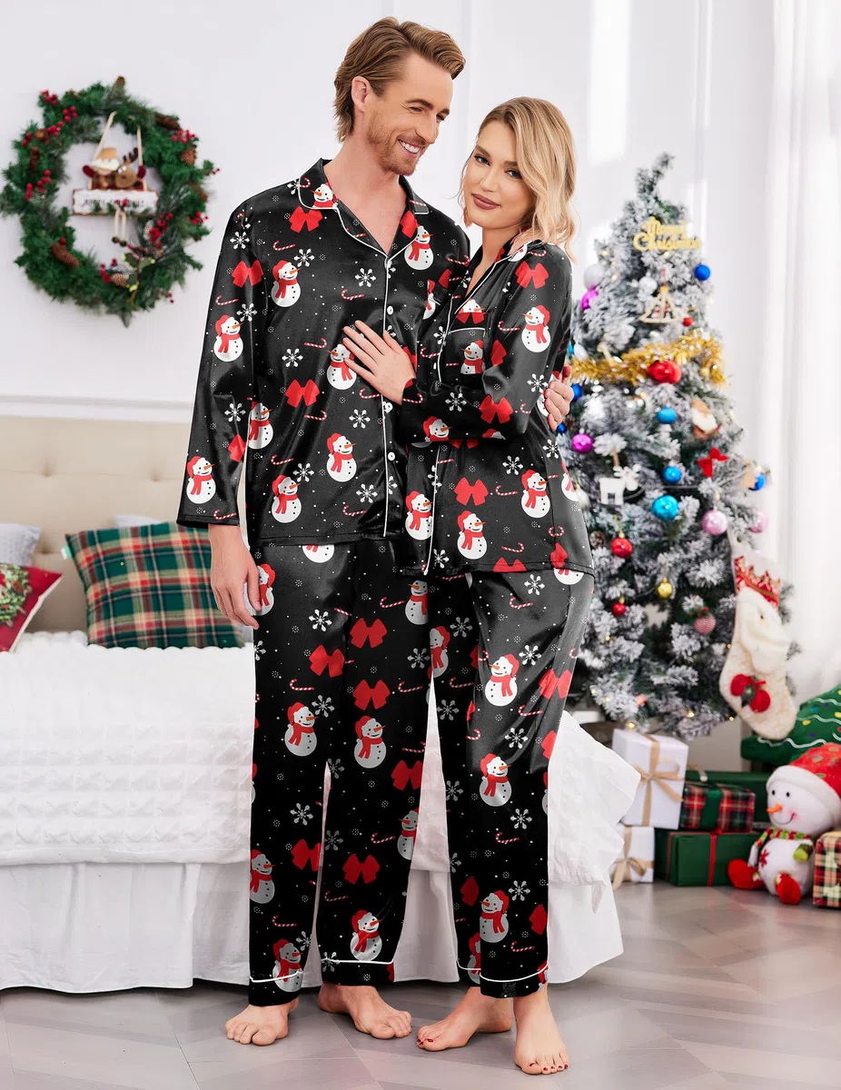 Ekouaer Pijamas a juego para parejas, de seda, de manga larga, de satén, suave, con botones, tallas S-XXL, Navidad, negro, X-Large