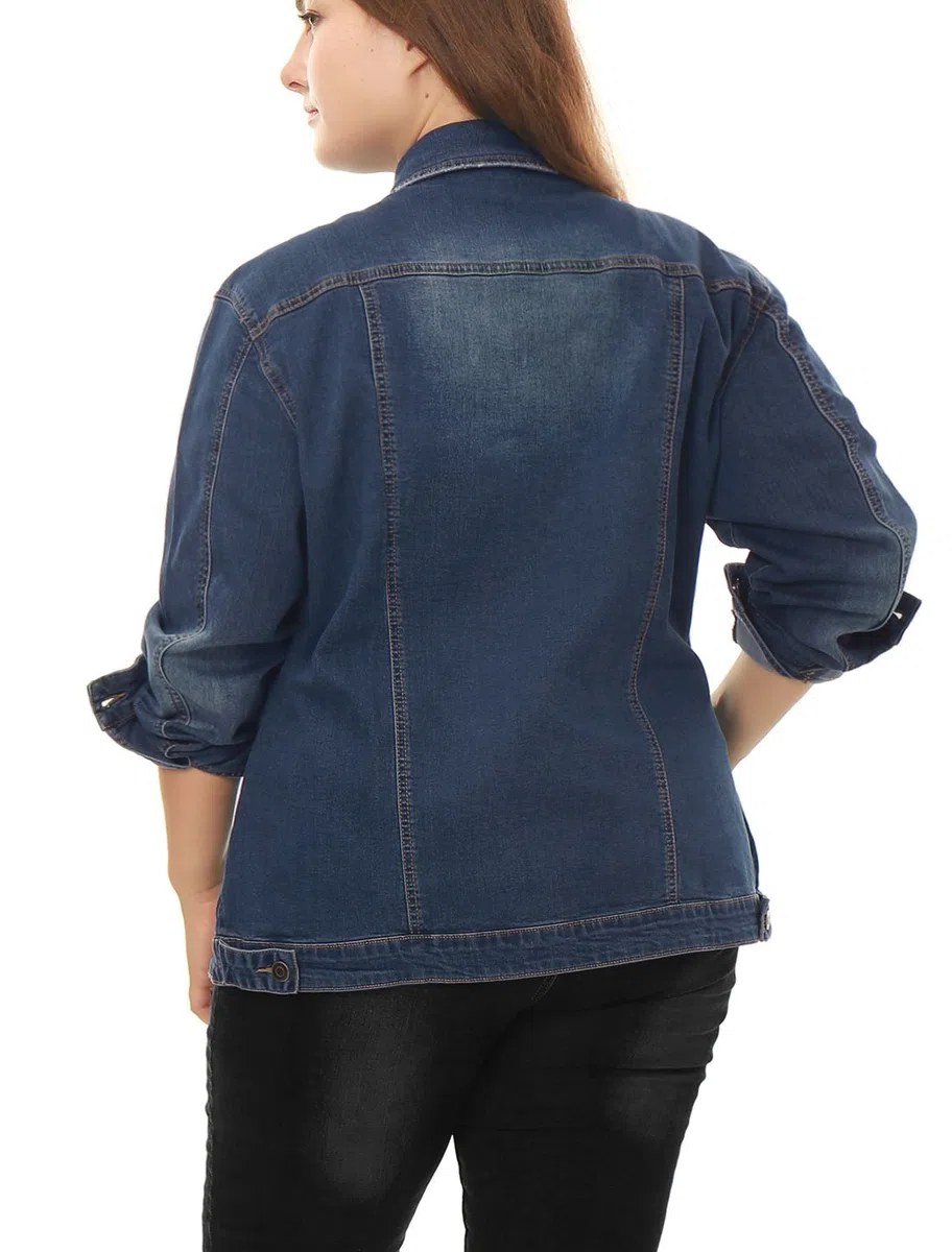 Allegra K Mujer Talla grande Manga Larga Cuello vuelto Botón Chaqueta Vaquera Chaqueta Azul