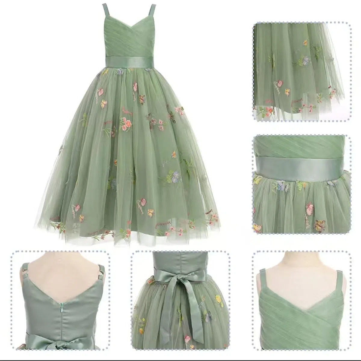 Genérico Vestido de cumpleaños Infantil con Tirantes de Encaje Bordado (3 a 14 años) (Green, 10-12 Years)