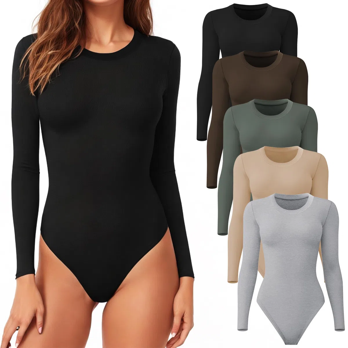 CE' CERDR Paquete de 4/5 mamelucos de manga larga para mujer, cuello redondo, casual, elástico, básico, cuello redondo, trajes de cuerpo