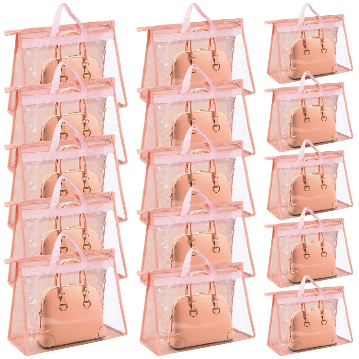 15 bolsas de polvo para bolsos, organizadores de almacenamiento transparentes en 3 tamaños, fundas de bolso con cremalleras y asas, protectores de bolsos colgantes para almacenamiento en el armario