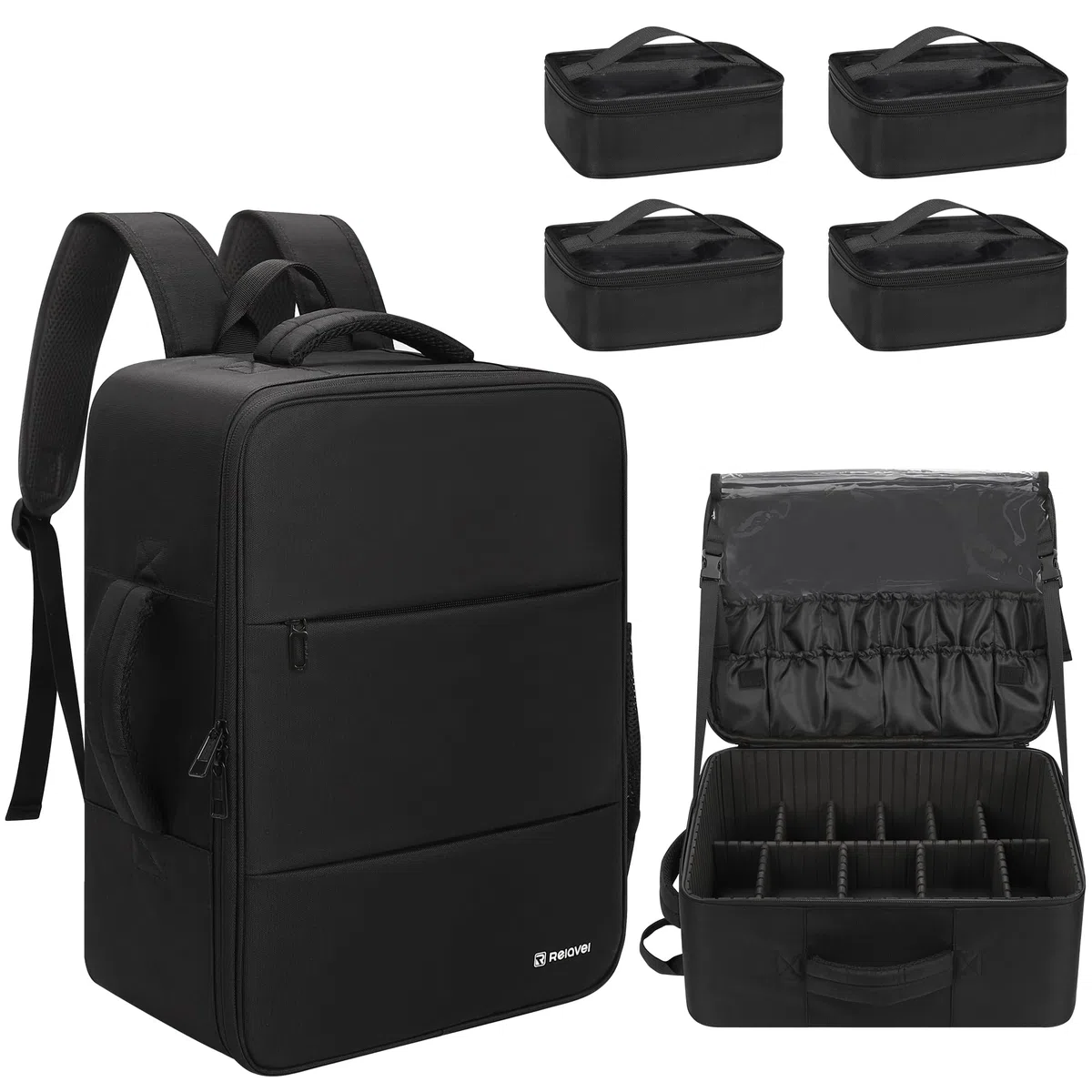 Relavel Mochila de maquillaje XL, estuche profesional de viaje para artistas de maquillaje, con 4 bolsillos transparentes, caja organizadora de pinceles con separadores para cosméticos, herramientas