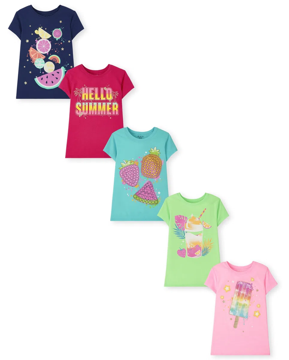 The Children's Place Paquete de 5 camisetas gráficas de manga corta para niña