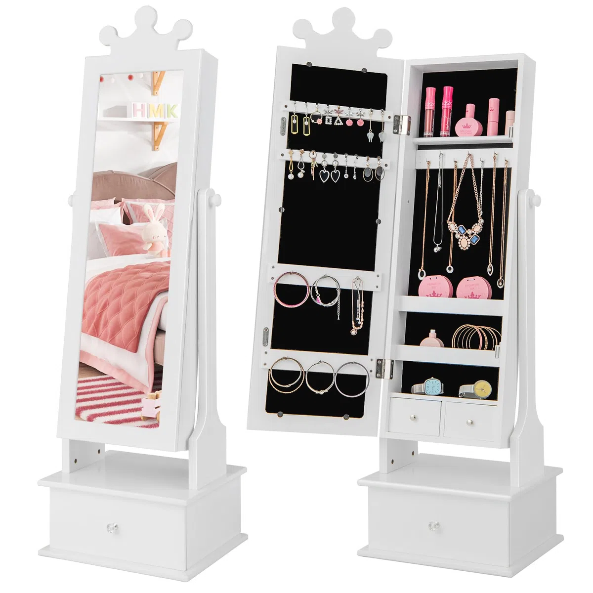 RELAX4LIFEE Joyero Infantil con Espejo Inclinable, Cajón, Antivuelco, Regalo para Niñas, Carga 10 kg para Dormitorio y Habitación Infantil (Blanco)