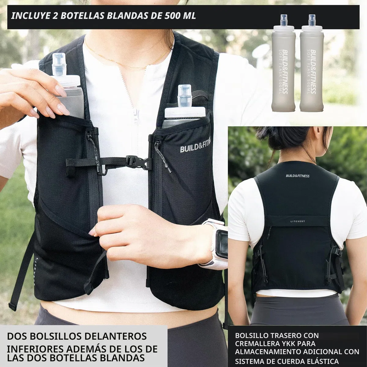 Chaleco de running LITEVEST de Build & Fitness con 2 botellas blandas de 500 ml, 7 bolsillos, ligero y transpirable, premium, seguro, cómodo y elegante para trail running, maratones y carreras diarias