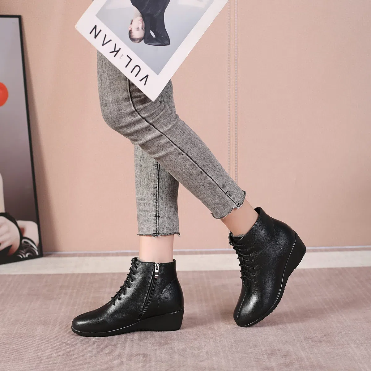 Mujer Moda Piel Genuina Botas Cuña con Cordones Botines de Invierno con Forro de Cuero/Forro de Felpa Caliente