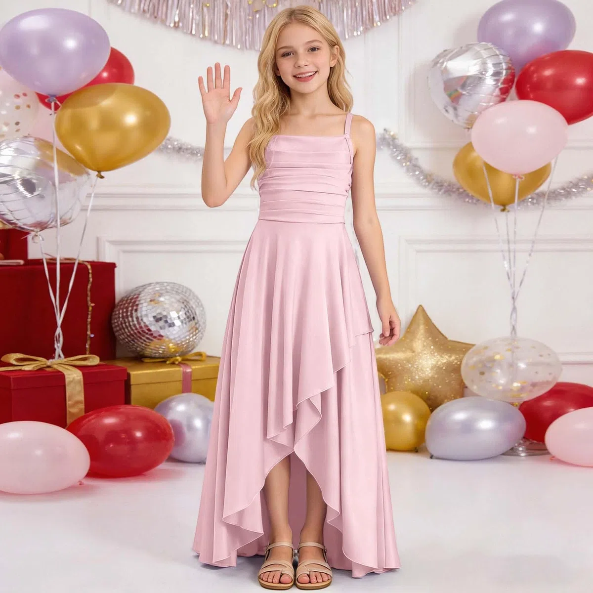 Genérico Vestido de Fiesta para niñas con Dobladillo Escalonado con Volantes y diseño de Cintura Arrugada sin Tirantes para, de Punto piqué, cómodo y Suave, Ideal para cumpleaños, colección Casual