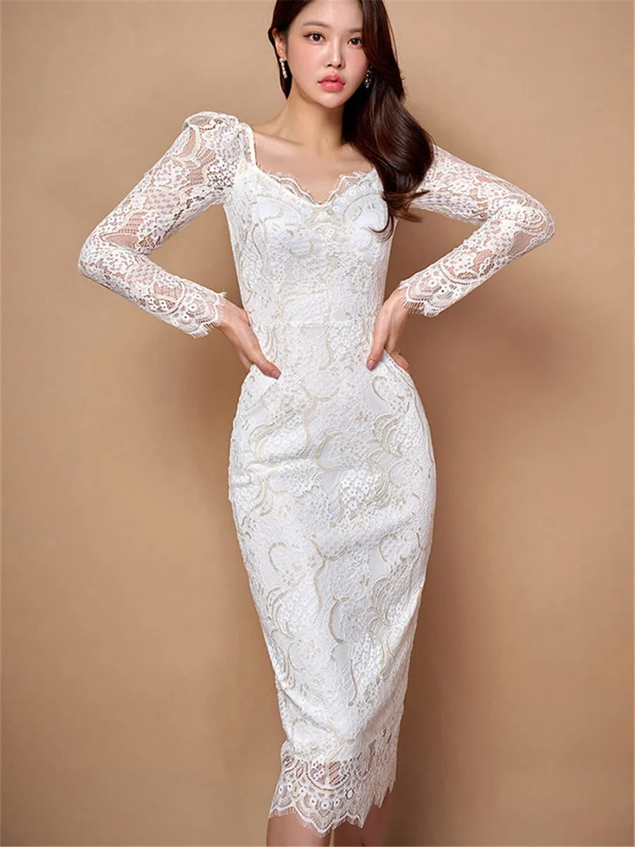 Dninmim Vestido de manga abombada con cuello en V para mujer, con encaje y cintura alta, para primavera, verano, falda de lápiz para fiesta