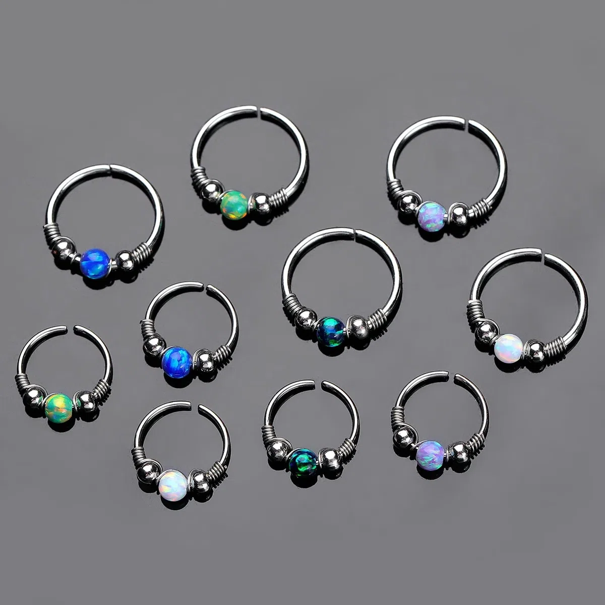10 anillos de nariz para mujer y hombre, anillos de nariz de 20 g, aro de acero inoxidable con ópalo y cuentas de 8 mm, 10 mm, piercing de nariz