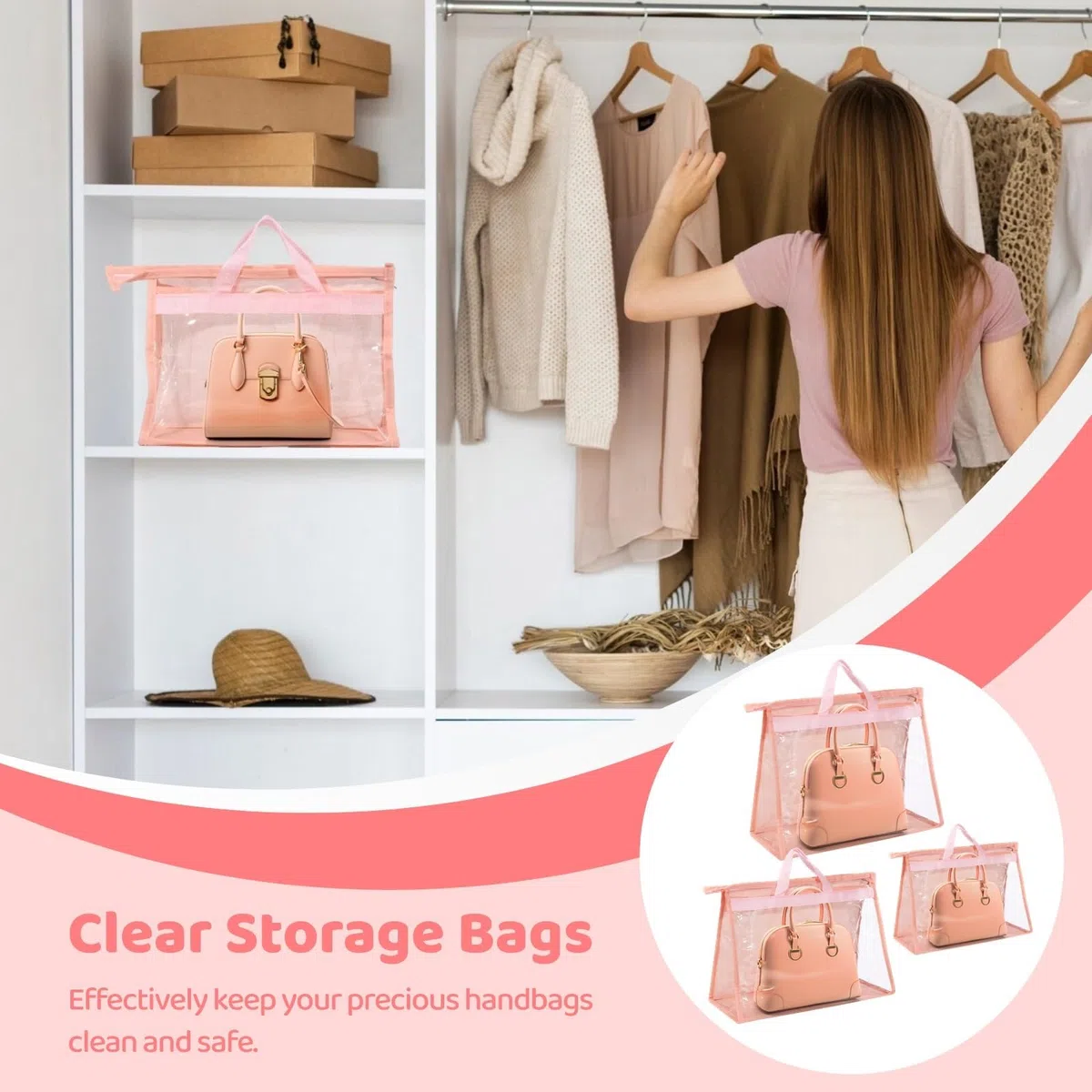 15 bolsas de polvo para bolsos, bolsas de almacenamiento transparentes de 3 tamaños, organizadores impermeables con cremalleras y asas, fundas de bolso colgantes portátiles para armario