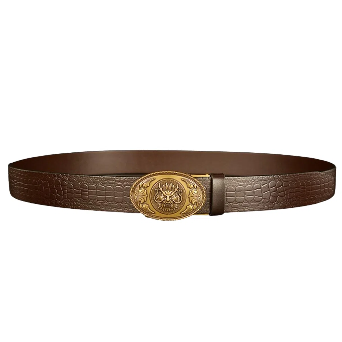 Cinturón Con Trinquete En Relieve, Hebilla Automática Ovalada Deslizante Cabeza De Dragón Dorada, Correa Vaquera Grabado Cocodrilo For Jeans