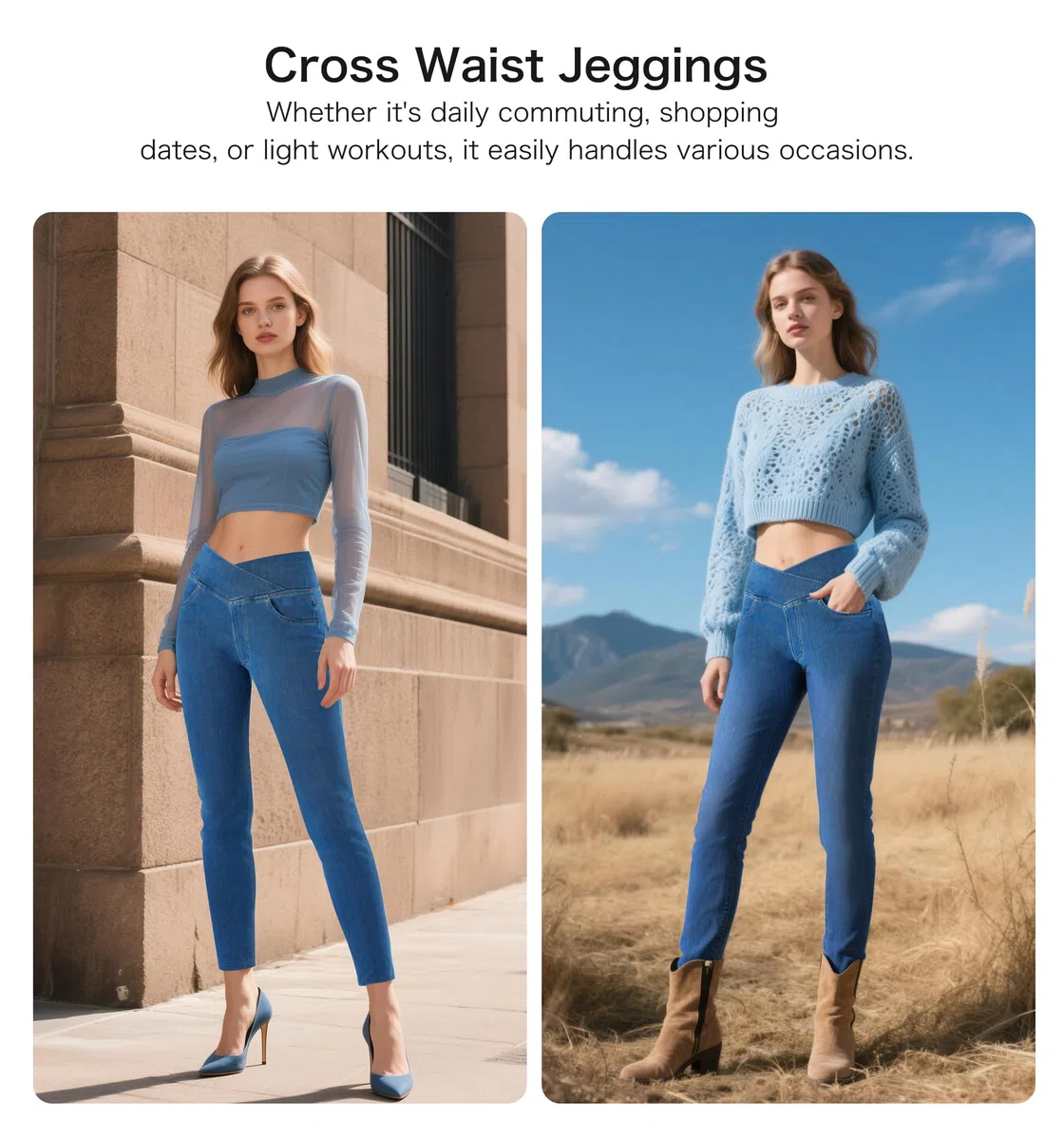 LaiEr V Cruzada de Cintura Mujer Skinny Jeans Alta Barriga Casual Fitness Leggings, Soft Stretch Casual Faux Denim Print Laterales Adecuado para Deportes y Ocio,con Bolsillos