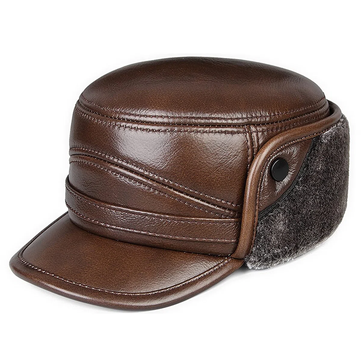 Sombreros de invierno, sombrero bombardero Trooper de cuero para hombre Trapper Hat Faux Fur Bomber Cap con orejeras Invierno para ancianos